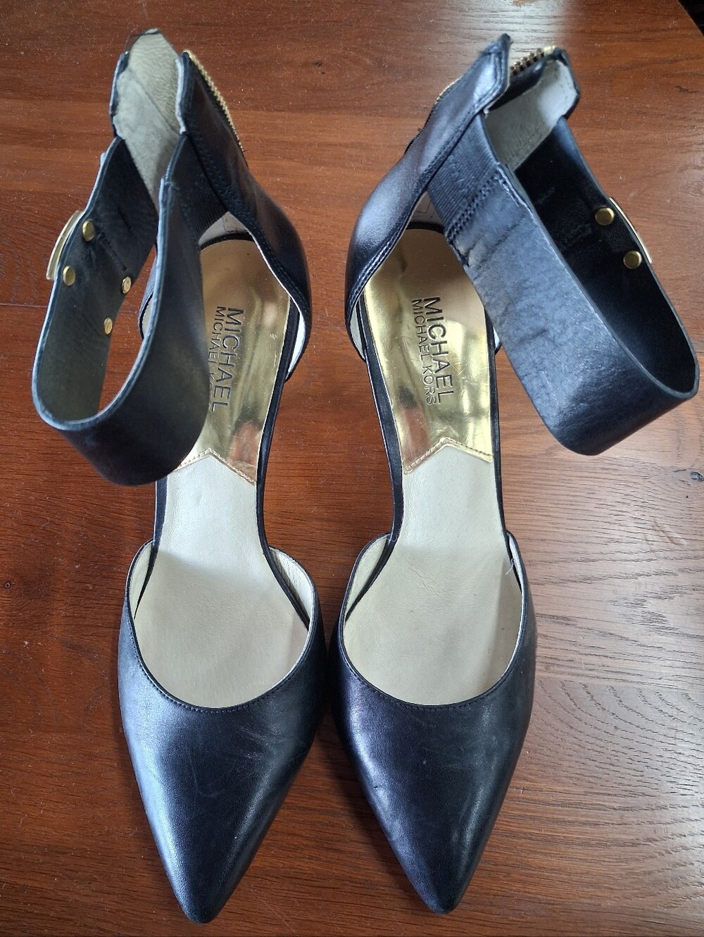 Size 9 Michael Kors Black Pointed Toe Ankle Strap Heels with Gold Accents